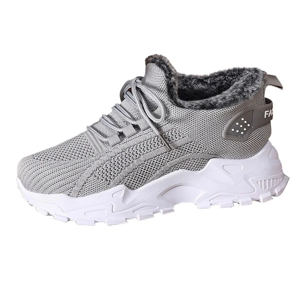 Womens Grey Knit Faux Fur Lined Sneakers Lace Up Chunky Platform Shoes